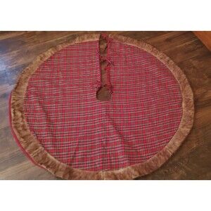 Christmas Tree Skirt Red Green Plaid Tartan Faux Fur Brown 48 In Rustic Cabin
